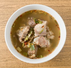 Top View of Thai Spicy Beef Entrails Soup