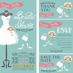Bridal shower invitation.Bridal dress,bouquet,accessories set