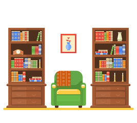 room interior with two bookcases and armchair