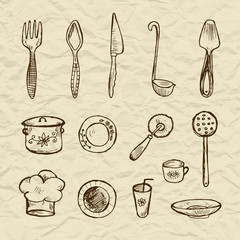 Kitchenware vector set: kitchen knife, spoon, toque, brown cook dishes on torn paper background - 86386955