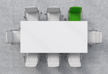Top View of a conference room. A white rectangular table and eight chairs around, one of them is green. Office interior. 3D rendering.