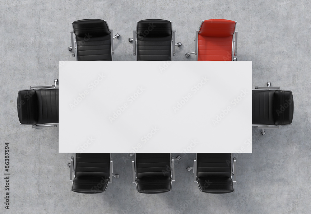 Fototapete top view of a conference room. a white rectangular table and eight chairs around, one of them is red