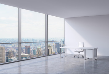 A workplace in a modern corner panoramic office in New York, Manhattan. A white leather chair and a white table. A concept of financial consulting services. 3D rendering.