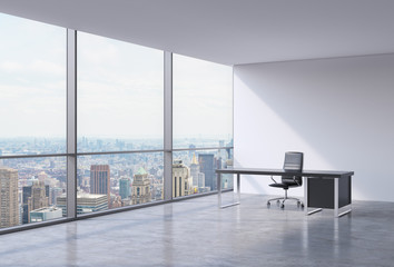 Fototapeta na wymiar A workplace in a modern corner panoramic office in New York, Manhattan. A black leather chair and a black table. A concept of financial consulting services. 3D rendering.