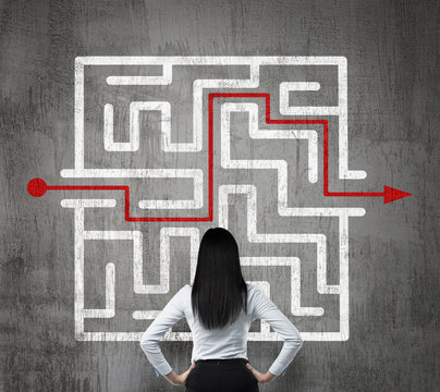 Rear view of the brunette girl who is looking at the solution of the maze. Concrete background.
