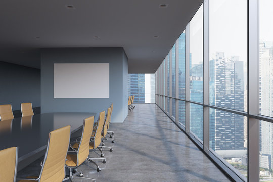 Panoramic conference room in modern office in Singapore. Brown chairs and a black table. 3D rendering.