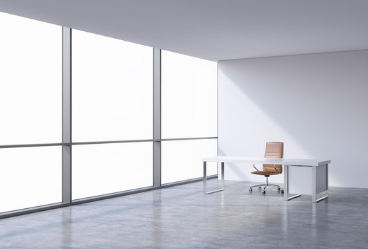 A workplace in a modern corner panoramic office, copy space on windows. A brown leather chair and a white table. A concept of financial consulting services. 3D rendering.