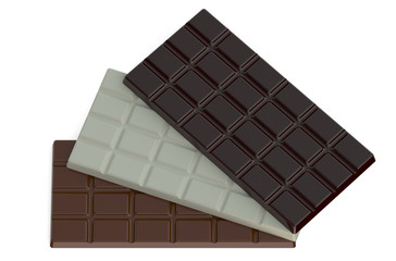 milk, black and white chocolate bars