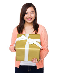 Asian woman holding with gift box