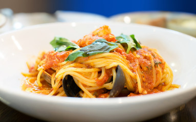 Spaghetti, Market Seafood, Vodka Tomato Sauce, selection focus point