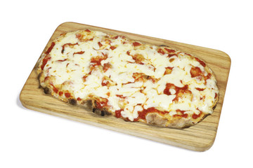 Margherita pizza on a wooden cutting board