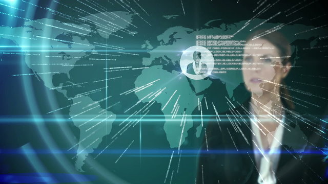Businesswoman touching futuristic interface with international map on background