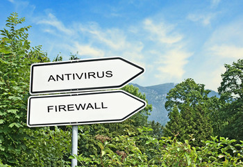 Direction road sign with  words antivirus, firewal