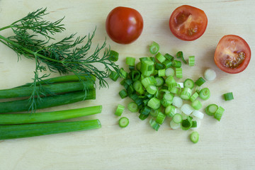 Fototapeta na wymiar green onions and tomatoes on a board