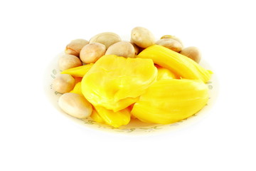 ripe jackfruit with seeds on white background 