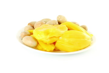 ripe jackfruit with seeds on white background 