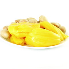 ripe jackfruit with seeds on white background 