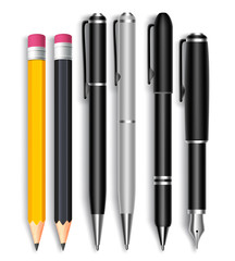 Set of Realistic 3D Pencils and Elegant Black and Silver Ball Pens