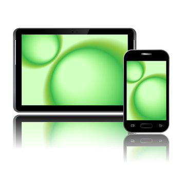Realistic tablet PC and phone with green degraded color screen vector