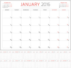 Calendar Planner 2016. Vector Design Template. Set of 12 Months. Week Starts Monday