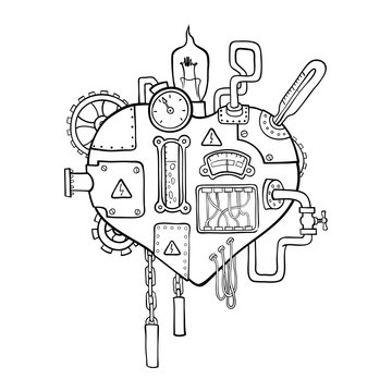 Stylized graphic image of the mechanical heart, embedded with the variety of mechanisms, pipes, wires and gears.

