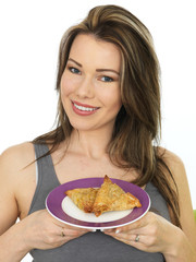 Attractive Young Happy Woman Holding a Plate of Samosa Savory Snack