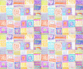 Abstract painting squares backgrounds patchwork. Colorful hand drawn ethnic seamless pattern. Interior decor. Patterned background.