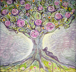 Tree of Life acrylic painting. Spring painting. Illustration of an expectant mother. Canvas. Interior decor.