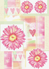 Postcard with gerbera flowers and hearts.  Congratulations card. Beautiful spring pink flower. Can be used for textile, for wallpaper, pattern fills, web page background. Love floral composition.