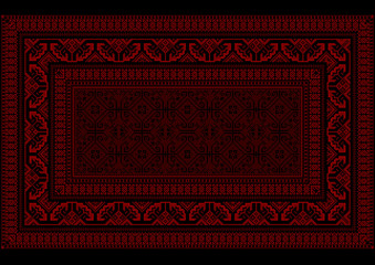 Design luxurious carpet with bright border in red and burgundy shades 