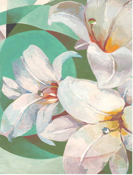 Pretty white lily flower on green background. Hand painting illustration. Interior decor.