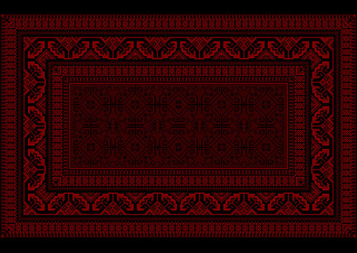Design luxurious carpet with bright border in red and burgundy shades 