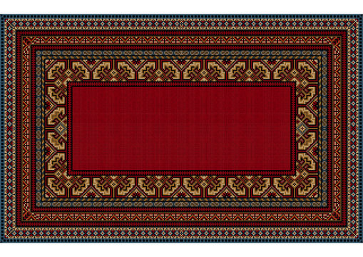 Bright pattern of the carpet with motley border and a red center in the old style
