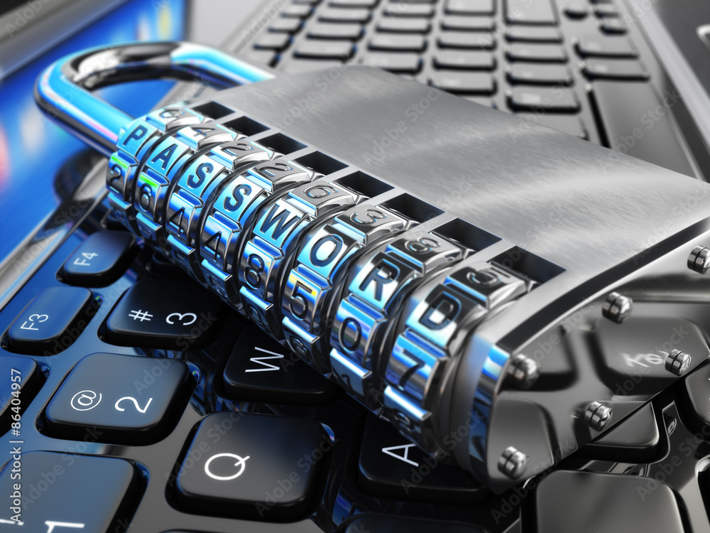 Aufkleber internet security concept. laptop and safe lock with password.