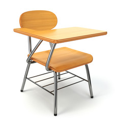 Wooden school desk and chair isolated on white.
