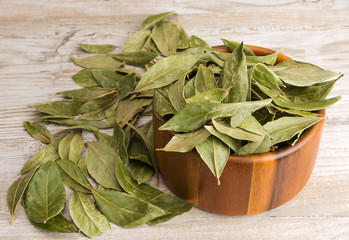 Dry bay leaves and wooden bowl