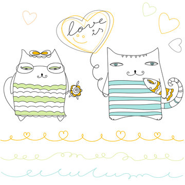 Cute hand drawn cats greeting card template. 