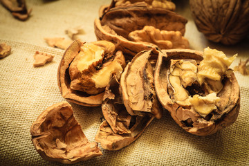 Walnut kernels on rustic table