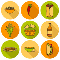Set of cute cartoon hand drawn shadow icons on mexican food
