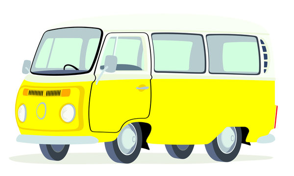 Caricatura furgoneta T2 microbus amarilla y blanca vista frontal y lateral