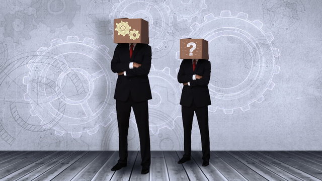 Team of businessman with arms crossed hiding head 