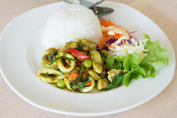 Stir fried  green curry with seafood and rice
