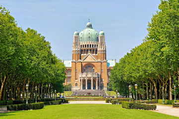 Koekelberg basilica one of architectural symbols of Brussels, Belgium, view from park Elisabeth
