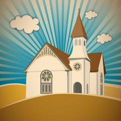 Fototapeta premium Church on the Hill, inspiration, house of faith and worship, rose windows, tall steeple and spire in landscape