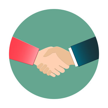 Businesswoman And Businessman Shaking Hands. Handshake Icon In Flat Design.