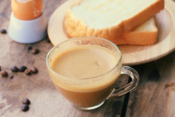 Hot coffee with bean and boiled eggs.