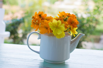 Bunch of yellow garden cosmos flowers bouquet in vase on wooden table 