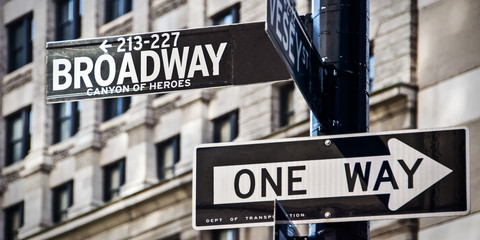 Broadway and one way direction signs, New York City, USA - obrazy, fototapety, plakaty