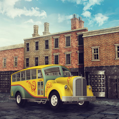 Żółty autobus retro na ulicy starego miasteczka