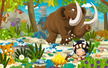 Cartoon scene with prehistoric mammoth